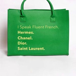 Green I speak fluent French vegan leather tote